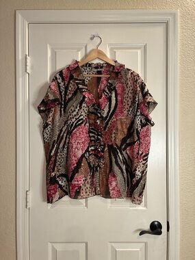 Larry Levine Pink Multi Ruffle-Front Short Sleeve Blouse